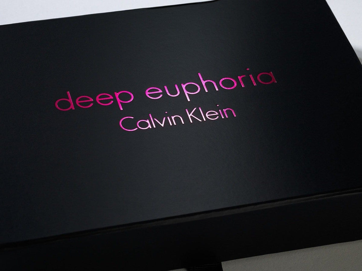 Black Folding Gift Box with custom printed Pink Foil Logo to Lid from Foldabox
