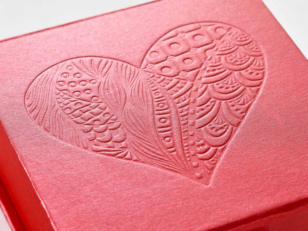 Red Folding Cube Gift Box with Debossed Heart Design