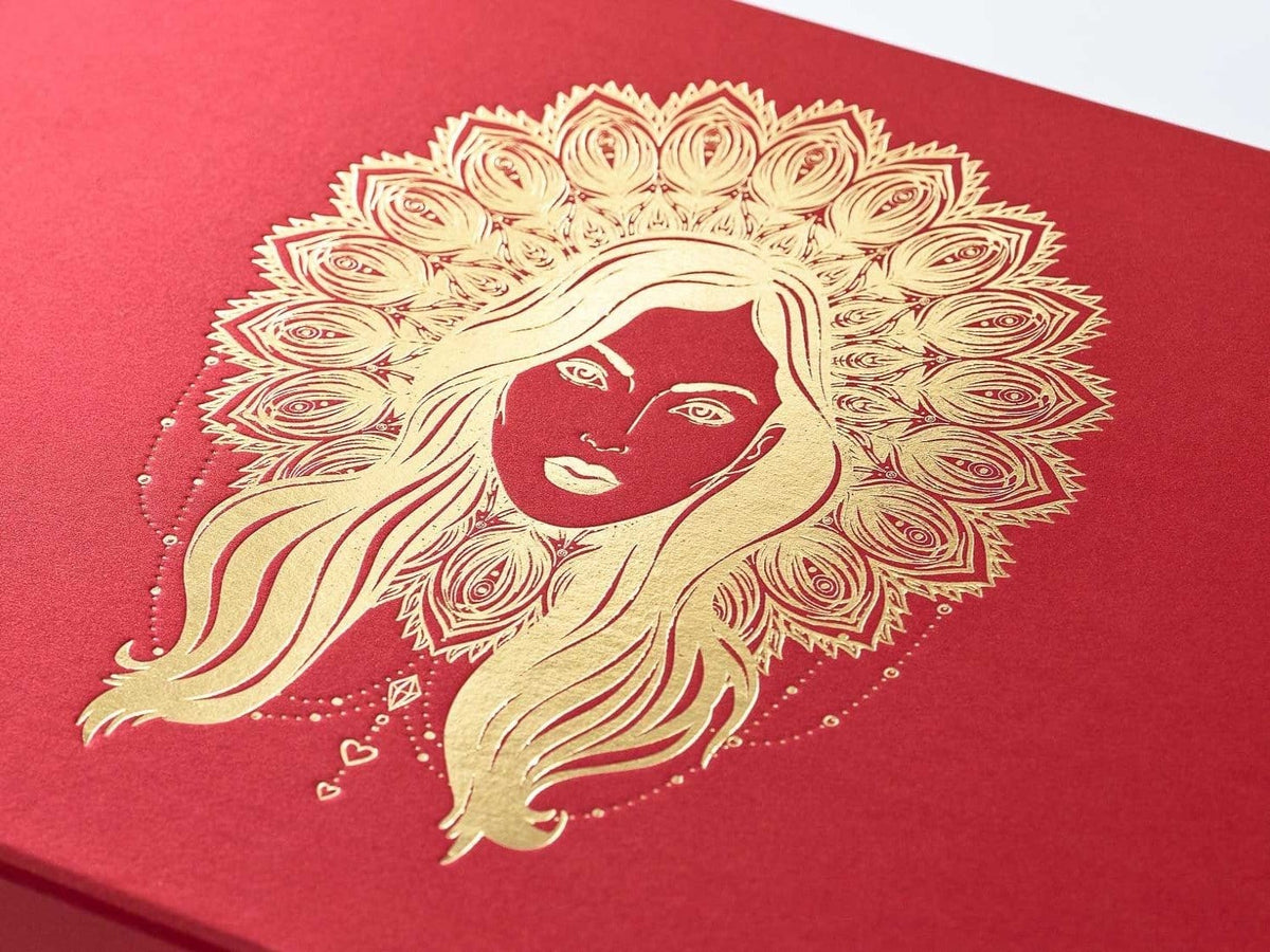 Red Gift Box with Gold Foil Printed Boho Diva Design