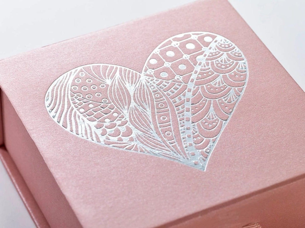 Example Rose Gold Gift Box With Custom Printed Silver Foil Design