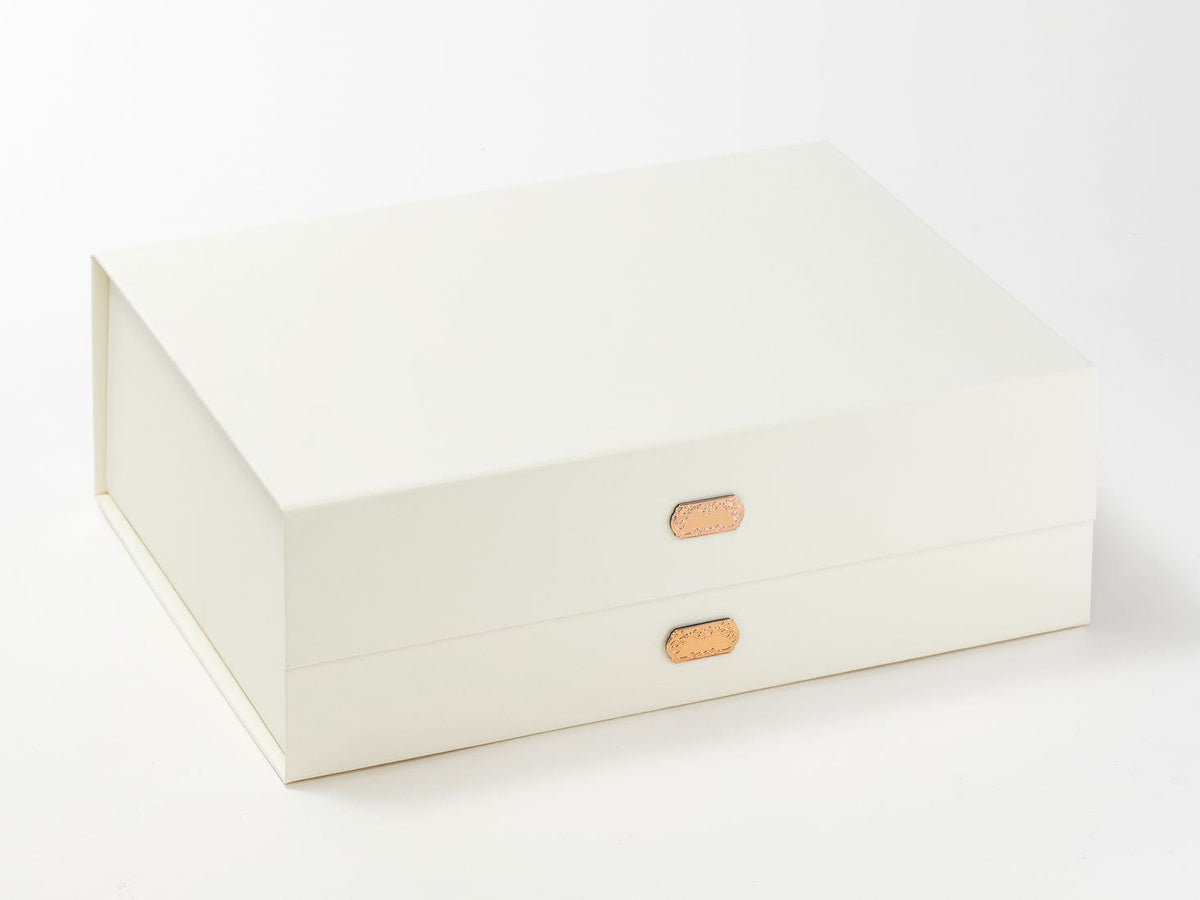 Rose Copper Metal Slot Decal Labels on Ivory A4 Deep Gift Box from Foldabox