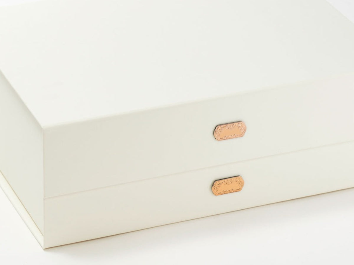 Rose Copper Metal Slot Decal Labels Featured on Ivory Gift Box