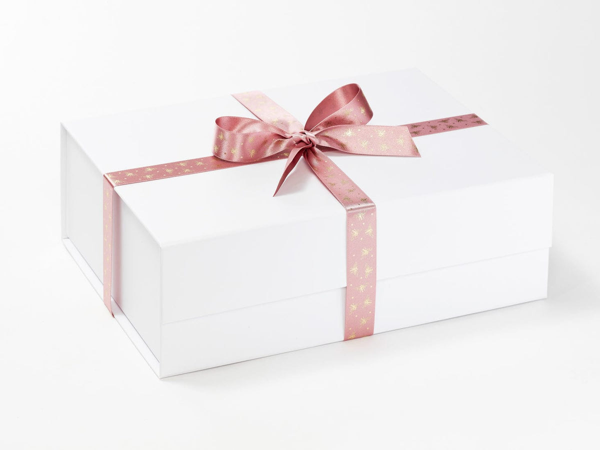 Rose Pink Sparkle Bee Satin Ribbon Featured on White Gift Box