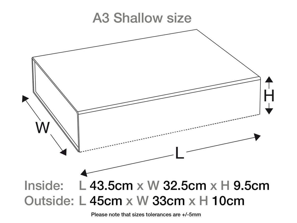 Black A3 Shallow No Ribbon Gift Box Sample Assembled Size Line Drawing