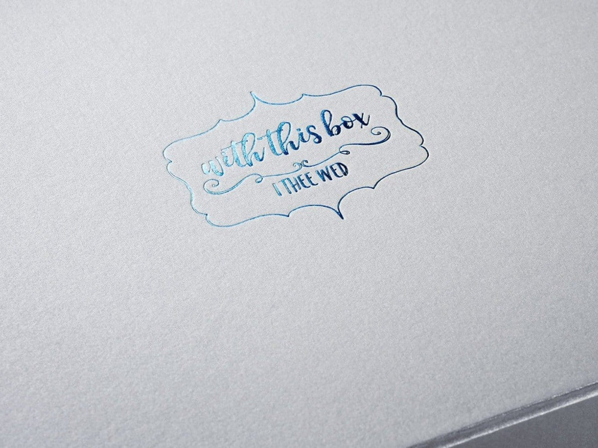 Custom Printed Blue Foil Logo on Silver Pearl Gift Box