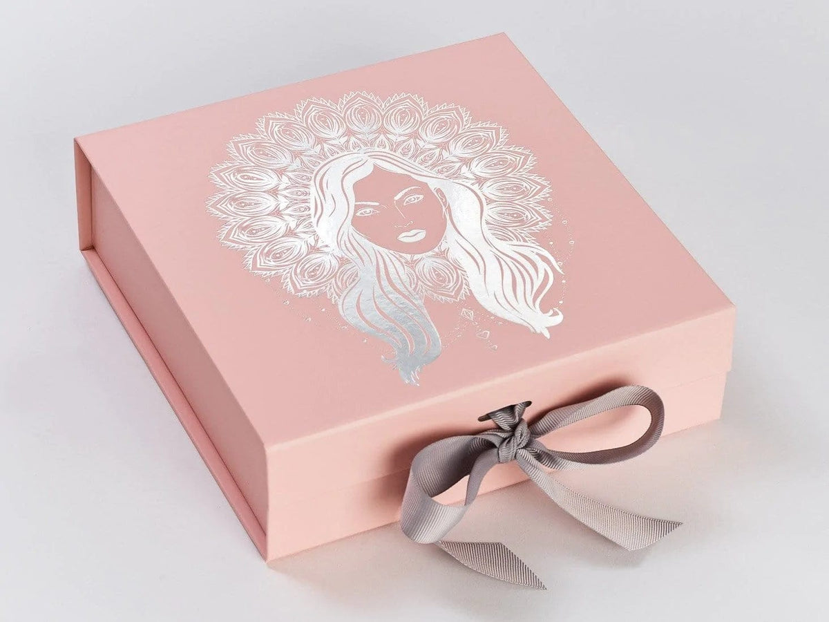 Silver Grosgrain Ribbon Featured on Pale Pink Gift Box with Custom Silver Foil Logo