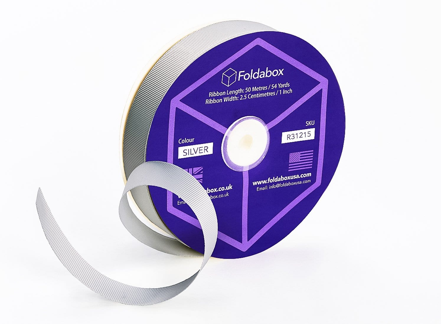 Silver Grey 50m x 2.5cm Grosgrain Ribbon Roll