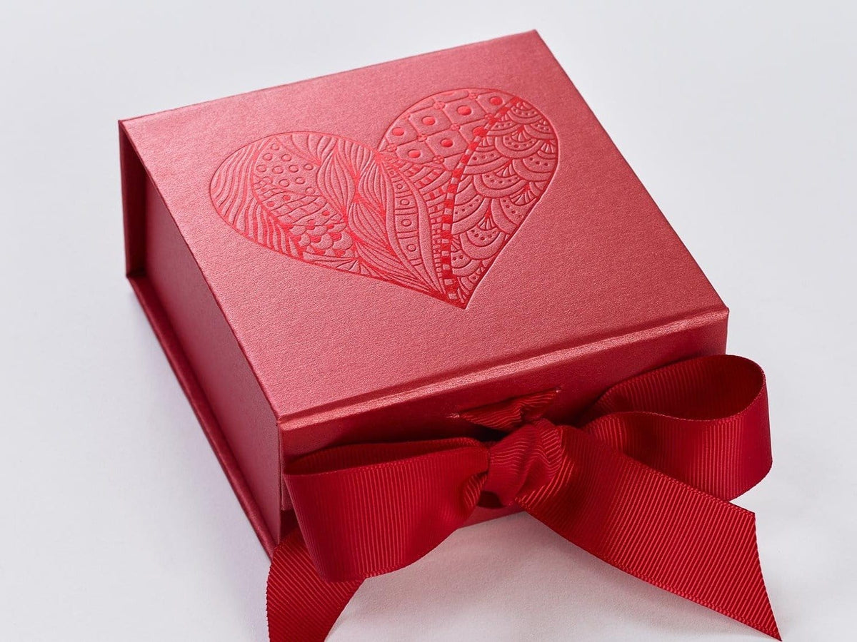 Red Small Folding Gift Box with Red Foil Tone on Tone Heart Design