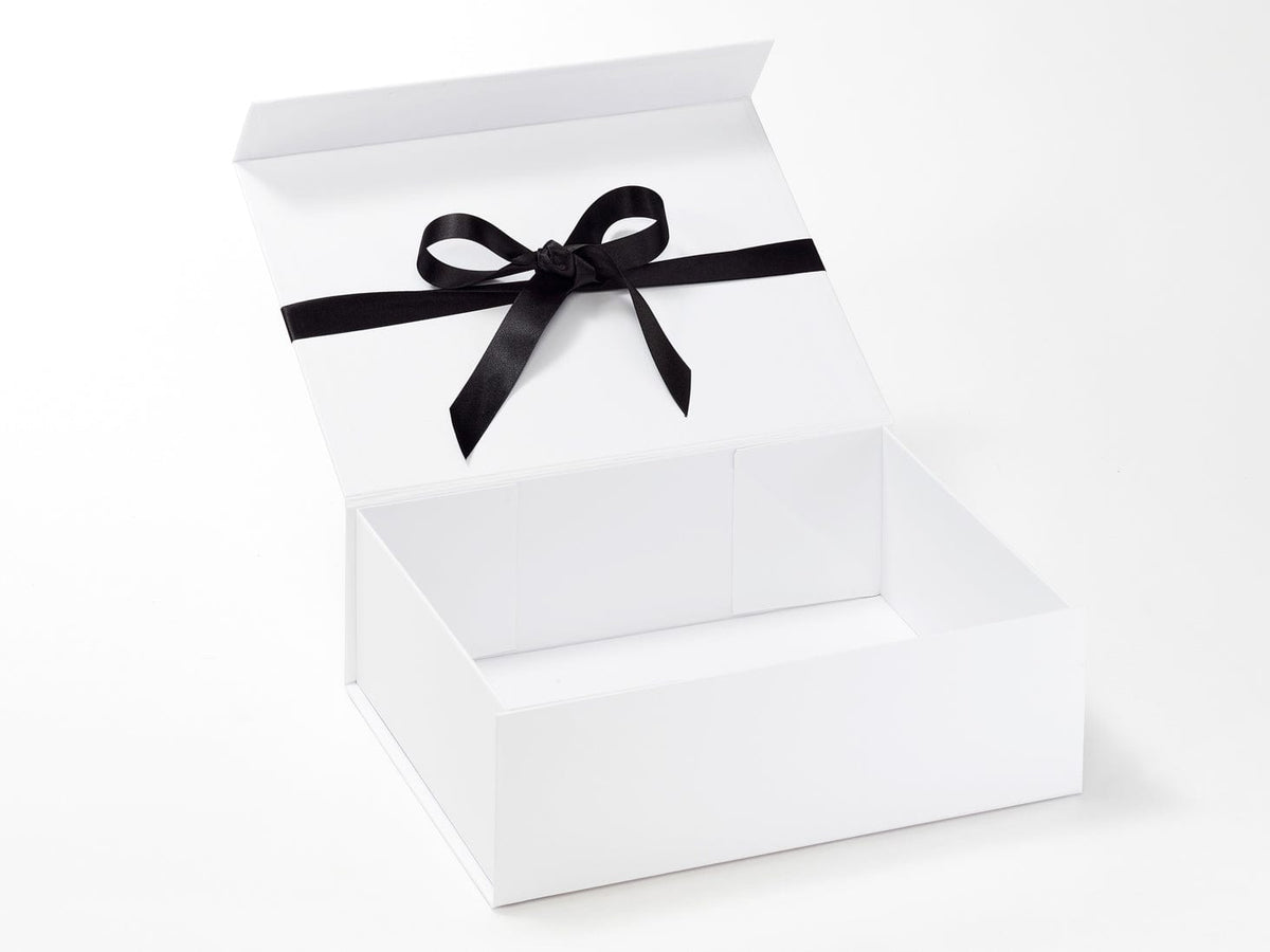 Black Satin Recycled Satin Ribbon Featured on White Gift Box