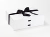 Black Slot Decal Labels and Black Recycled Satin Ribbon Featured on White Gift Box