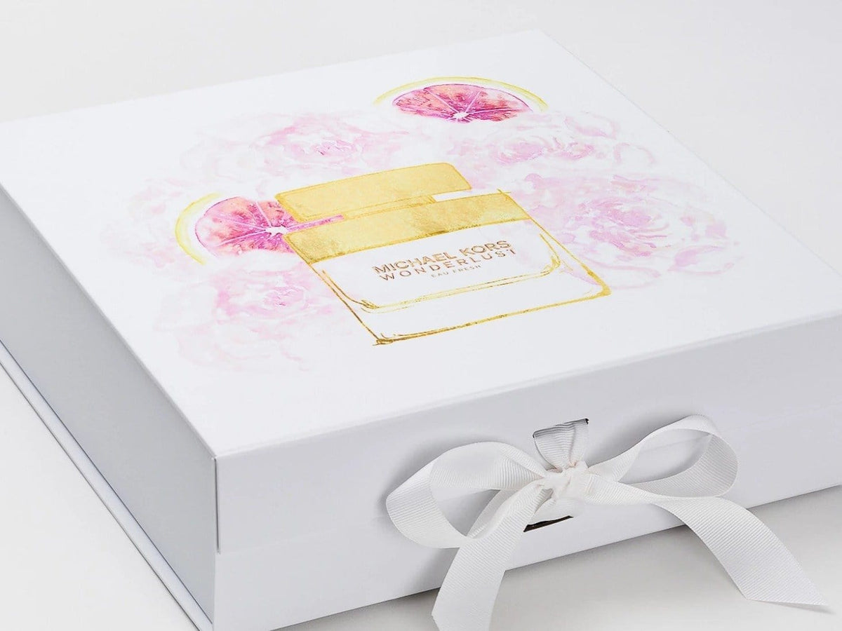 White Gift Box with Custom MK Design Digitally Printed to the Lid