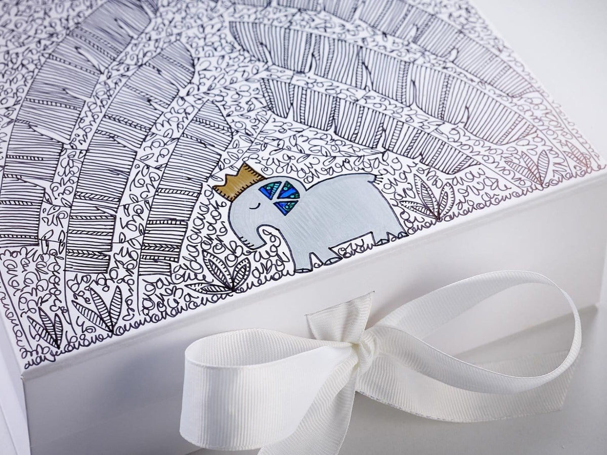 White Gift box with Hand Doodled Decoration by Custom Cubed