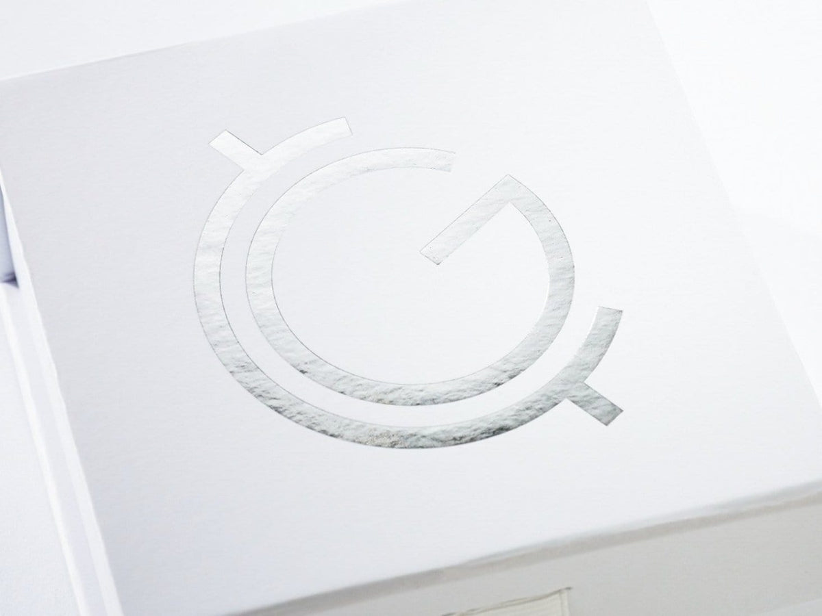 Custom Silver Foil Printed Logo to Lid of White Folding box