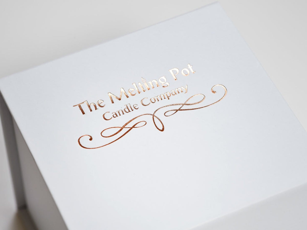 White Small Cube Gift Box with Custom Printed Rose Gold Foil Logo