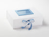 White Gift Box Featuring Pale Blue Saddle Stitched Ribbon Double Bow and Pale Blue Photo Frame