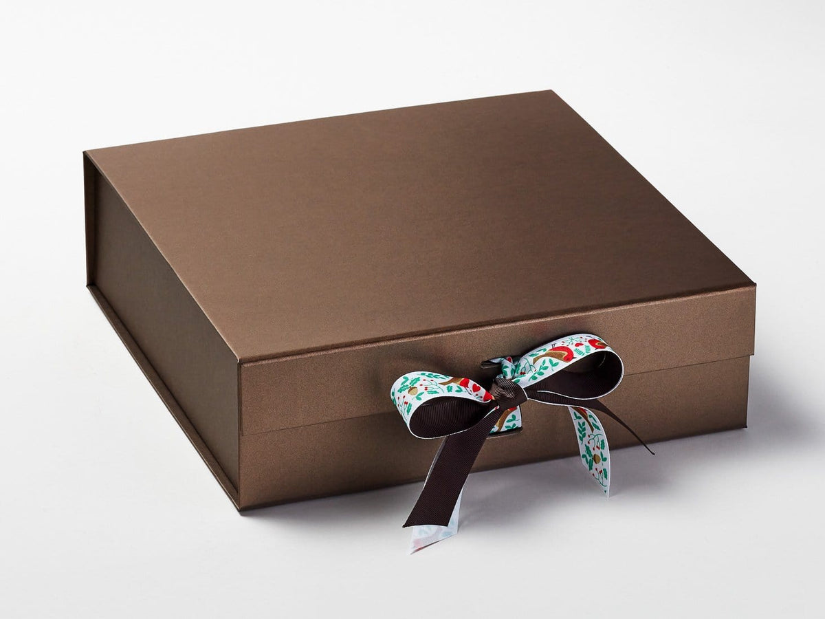 Festive Robin Printed Ribbon on Large Bronze Gift Box