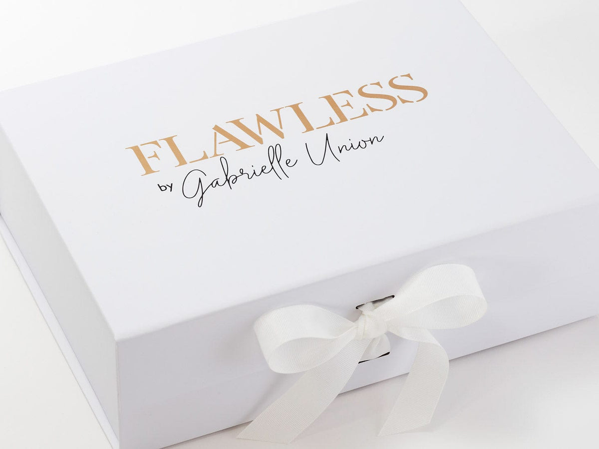 Example of Custom 2 Colour Screen Printed Logo Onto White Gift Box