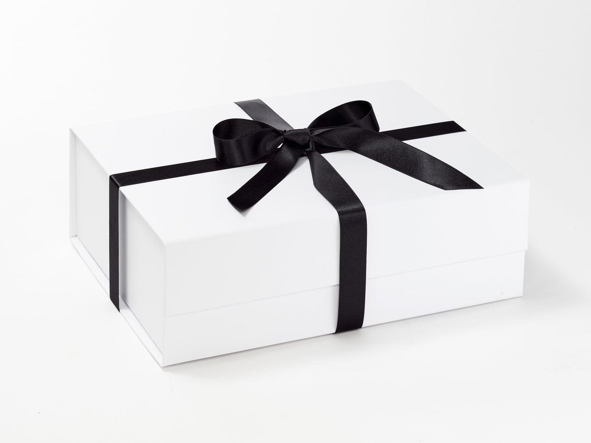 Black Recycled Satin Ribbon Featured on White Gift Box