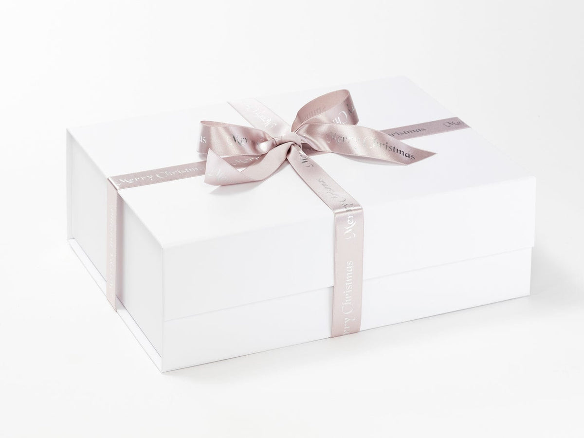 Silver Merry Christmas Recycled Satin Ribbon Featured on White Gift Box